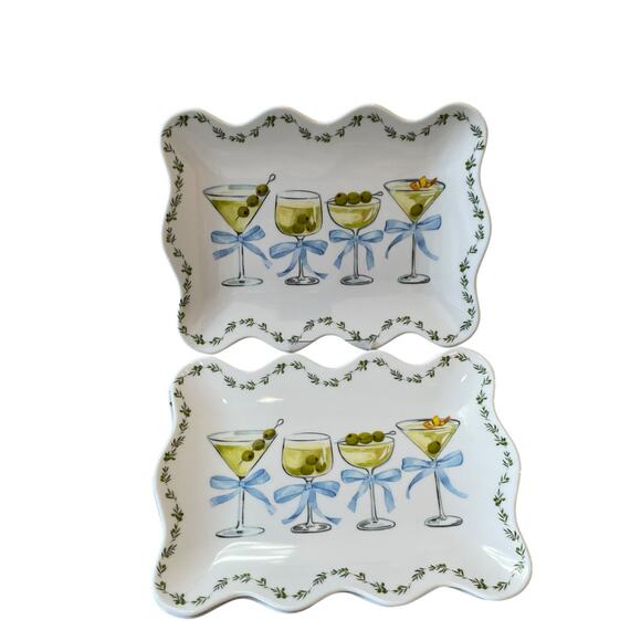 Rachel Zoe Cocktails & Bows Melamine Appetizer Plates 9x6 Set of 4 Scalloped NEW - Picture 5 of 14